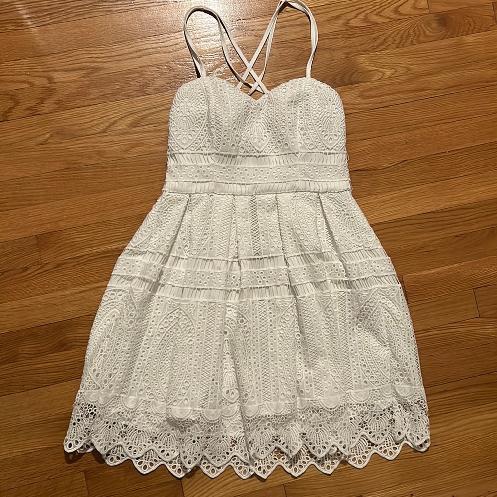 White Crochet Lace Dress Criss Cross Back - Medium